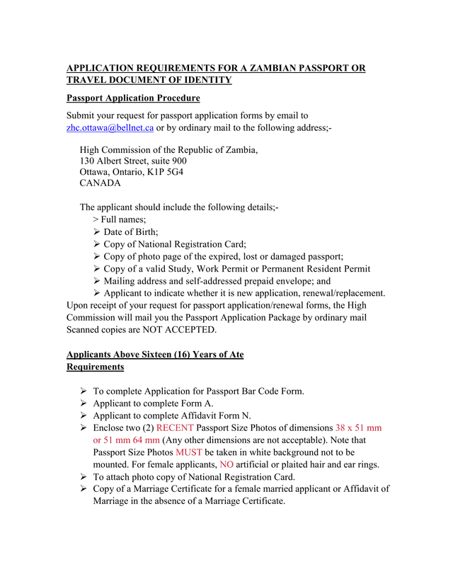 APPLICATION REQUIREMENTS FOR A ZAMBIAN PASSPORT OR TRAVEL DOCUMENT OF IDENTITY screenshot