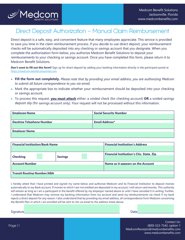 Direct Deposit Authorization  Manual Claim Reimbursement screenshot