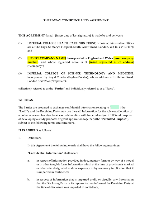 THREE WAY CONFIDENTIALITY AGREEMENT screenshot