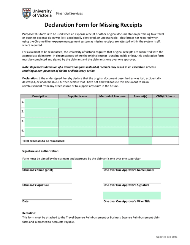 Declaration Form For Missing Receipts screenshot