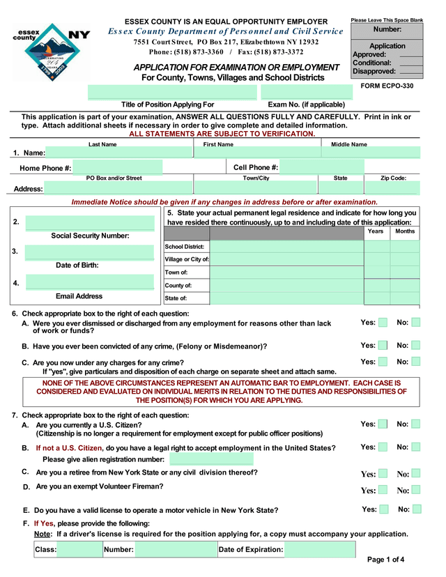 Application For Examination Or Employment screenshot