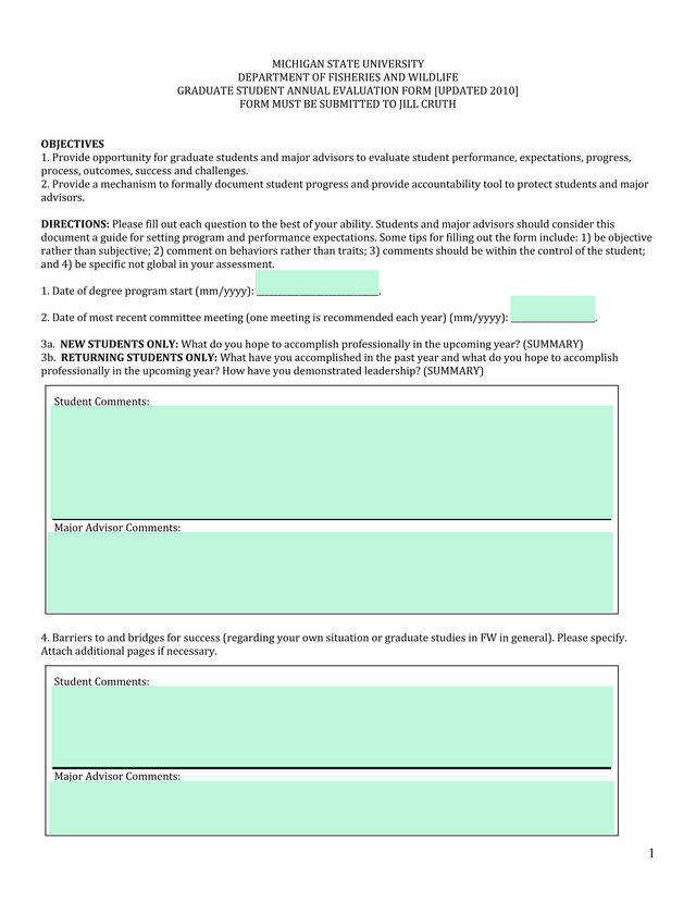 Graduate Student Annual Evaluation Form screenshot