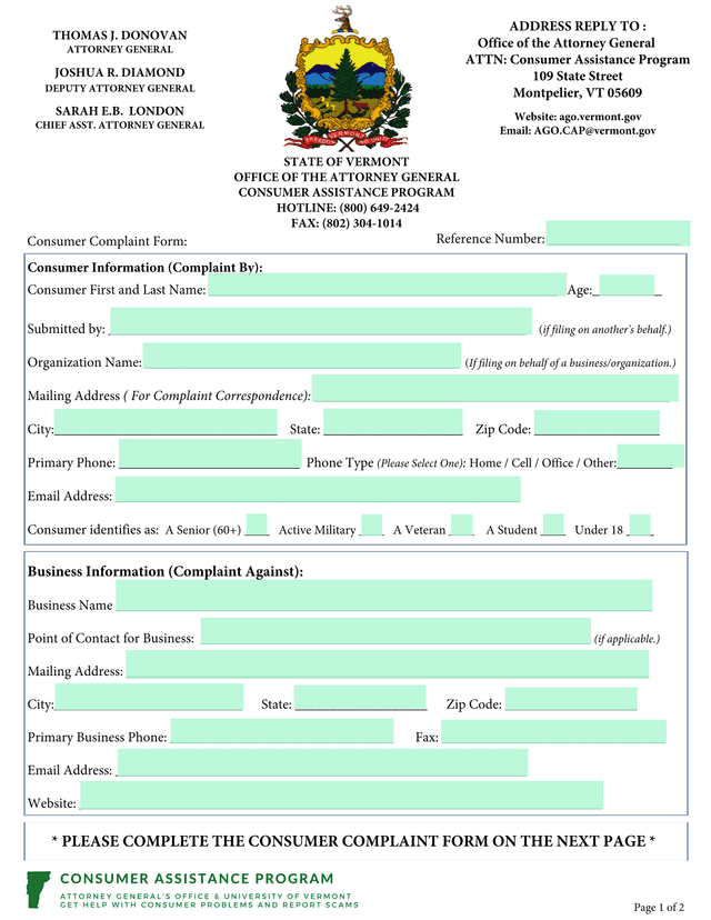 Consumer Complaint Form screenshot