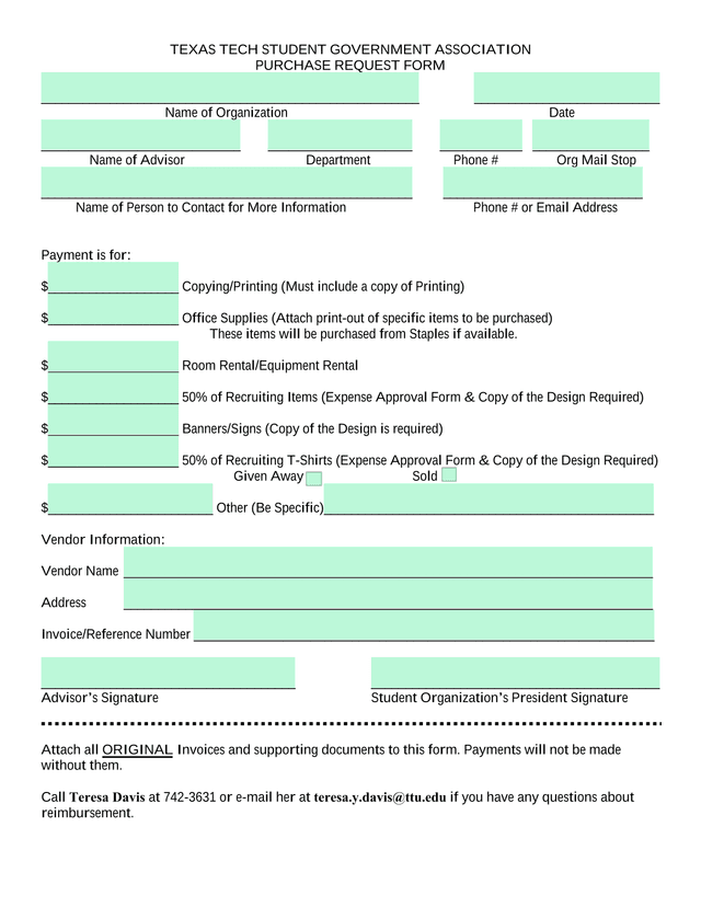 Texas Tech Student Government Association Purchase Request Form screenshot