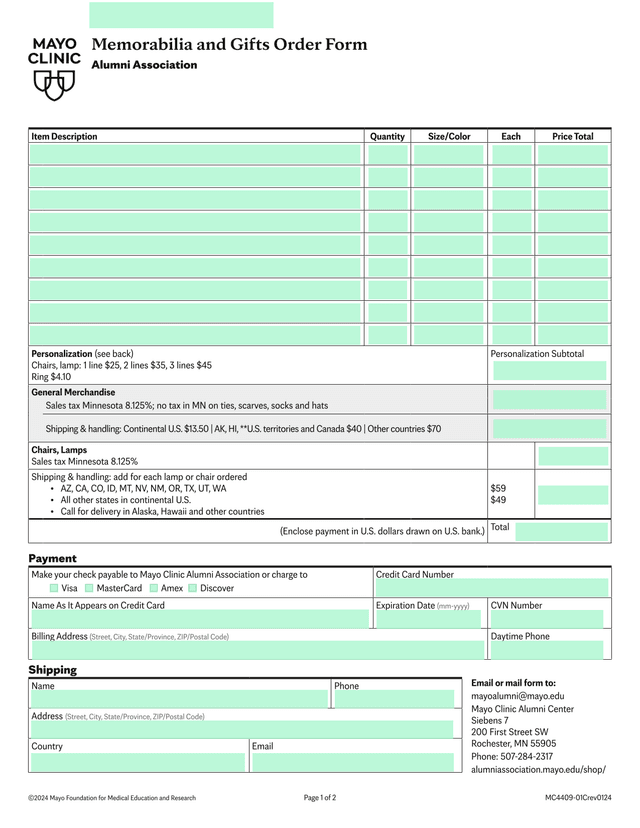 Memorabilia And Gifts Order Form screenshot