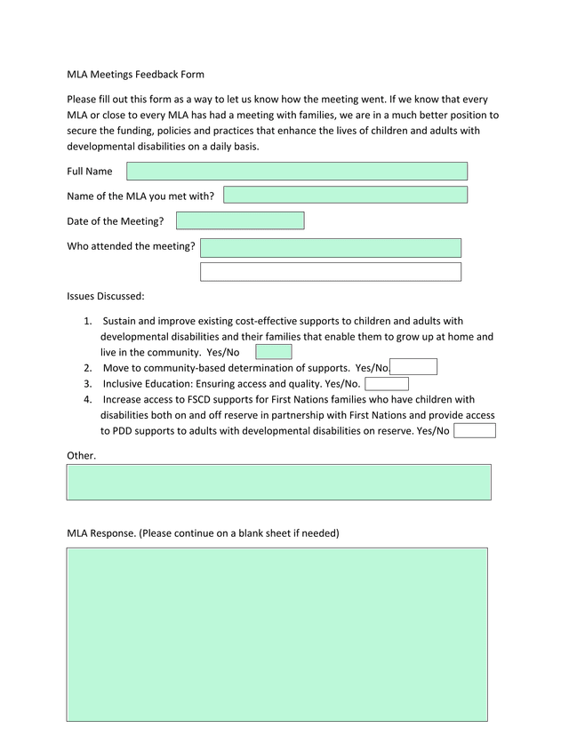 MLA Meetings Feedback Form screenshot