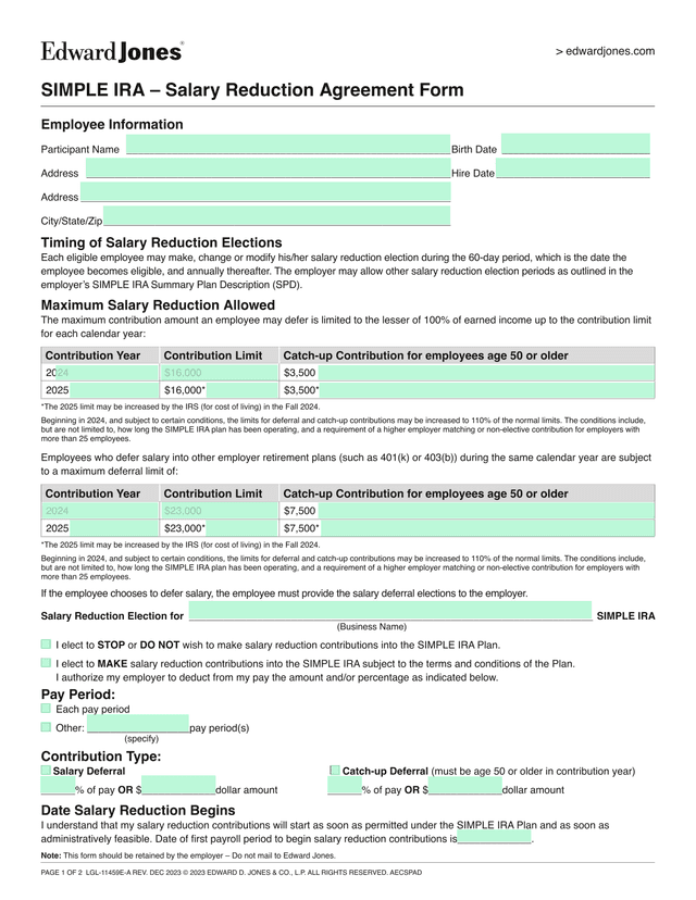 Simple IRA  Salary Reduction Agreement Form screenshot