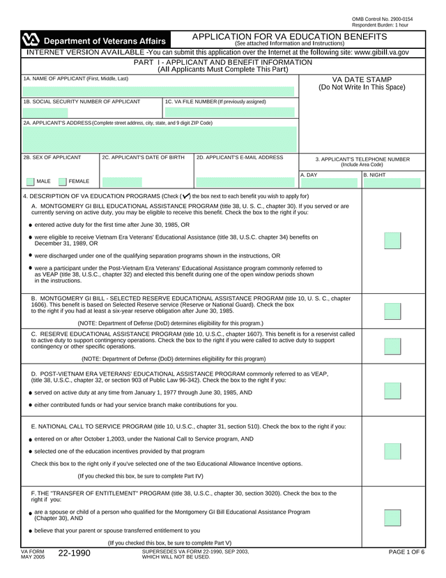 VA Form 22 1990   Application For VA Education Benefits screenshot