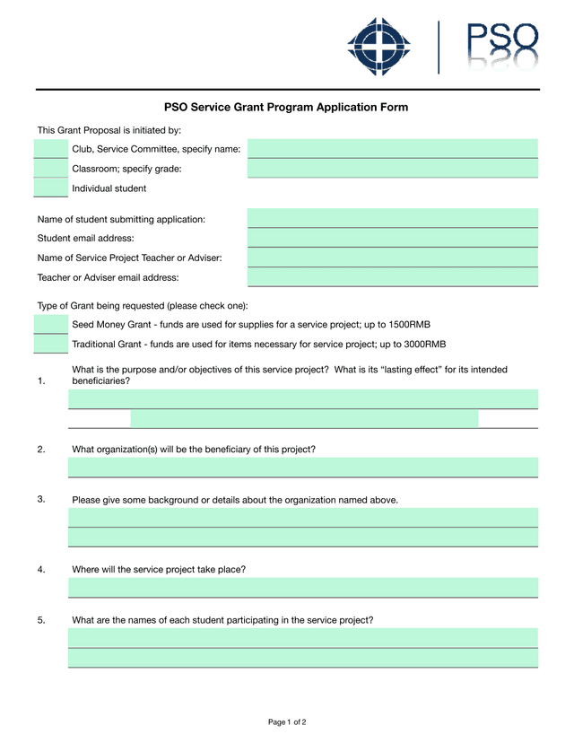 PSO Service Grant Program Application Form screenshot