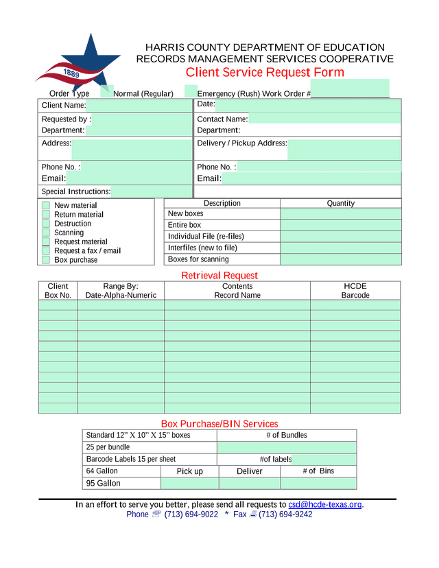 Harris County Department Of Education Records Management Services Cooperative Client Service Request screenshot