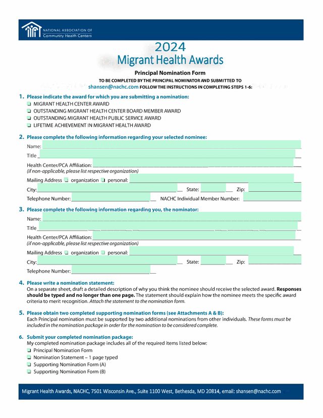 2024 Migrant Health Awards Principal Nomination Form screenshot
