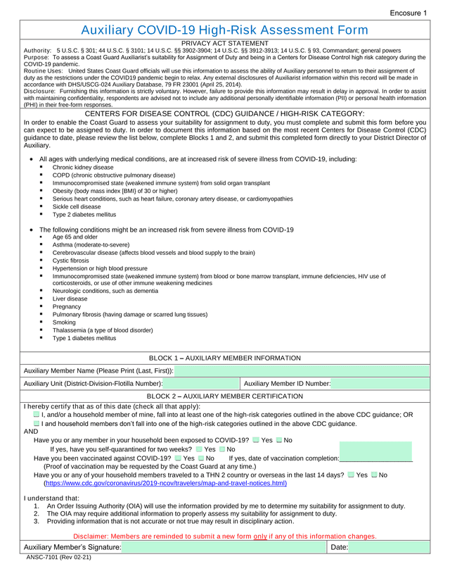 Auxiliary COVID 19 High Risk Assessment Form screenshot