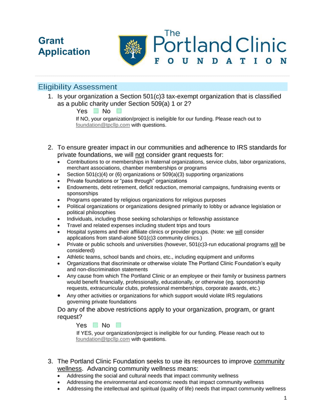 Grant Application Eligibility Assessment screenshot