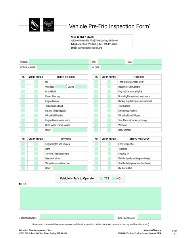 Vehicle Pre Trip Inspection Form screenshot