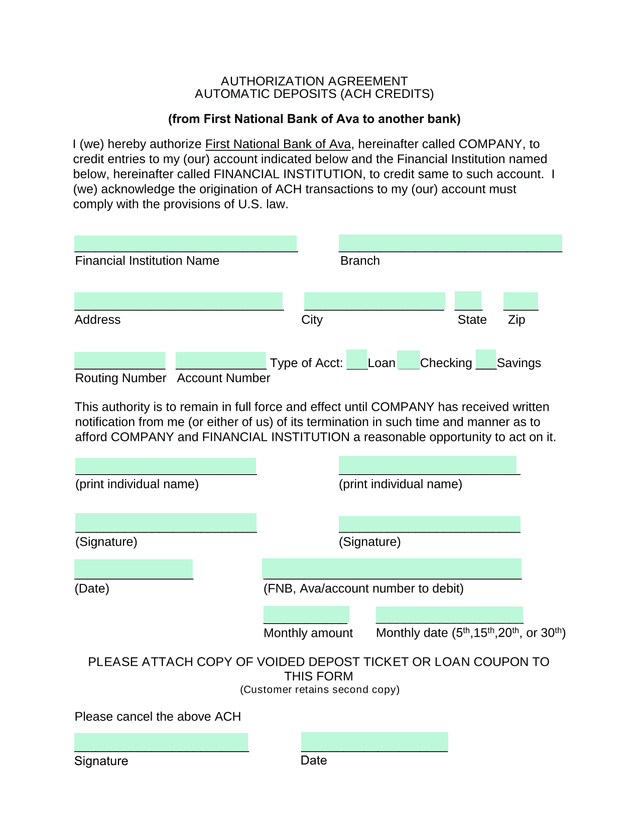 Authorization Agreement For Automatic Deposits (ACH Credits) screenshot