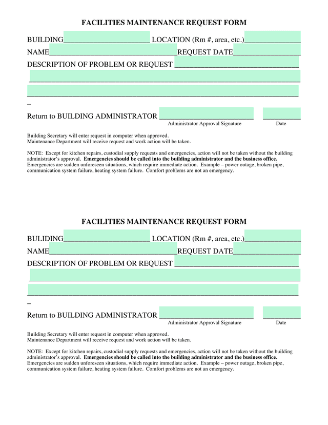 FACILITIES MAINTENANCE REQUEST FORM screenshot