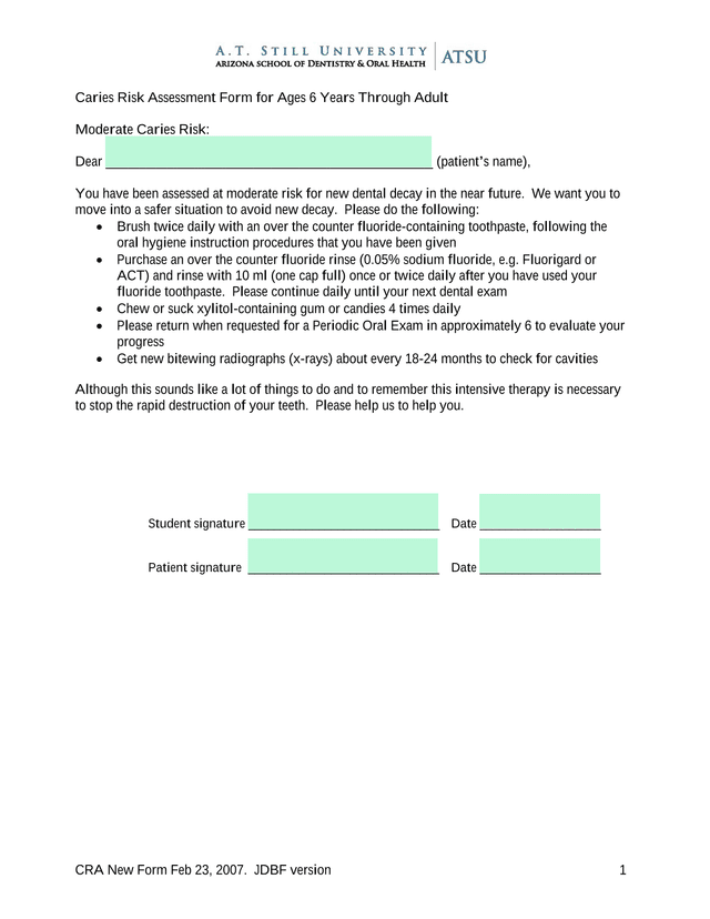 Caries Risk Assessment Form For Ages 6 Years Through Adult screenshot