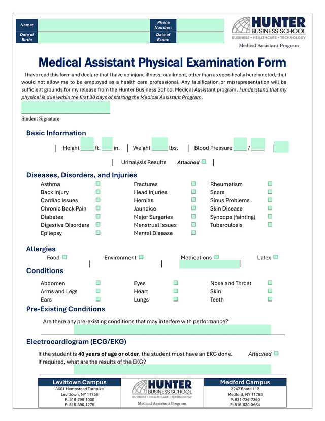 Medical Assistant Physical Examination Form screenshot