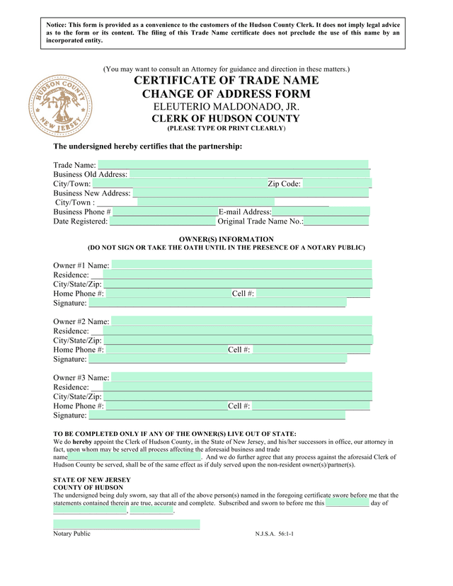 Certificate Of Trade Name Change Of Address Form screenshot