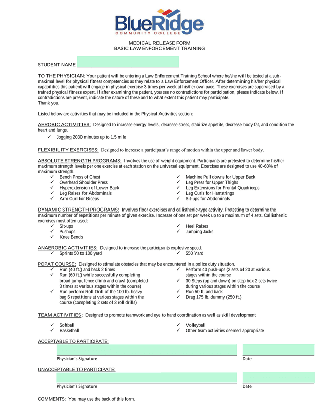 Medical Release Form screenshot