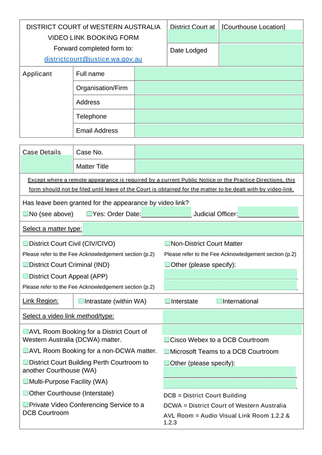 Video Link Booking Form screenshot