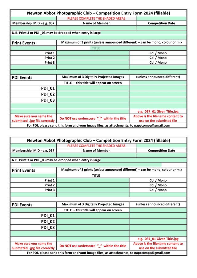 Newton Abbot Photographic Club  Competition Entry Form 2024 (Fillable) screenshot
