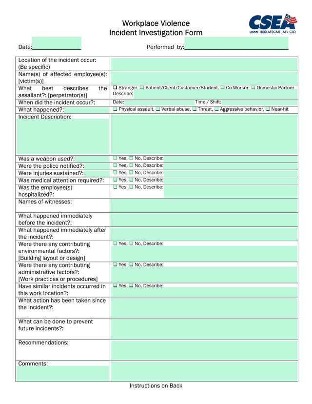 Workplace Violence Incident Investigation Form screenshot