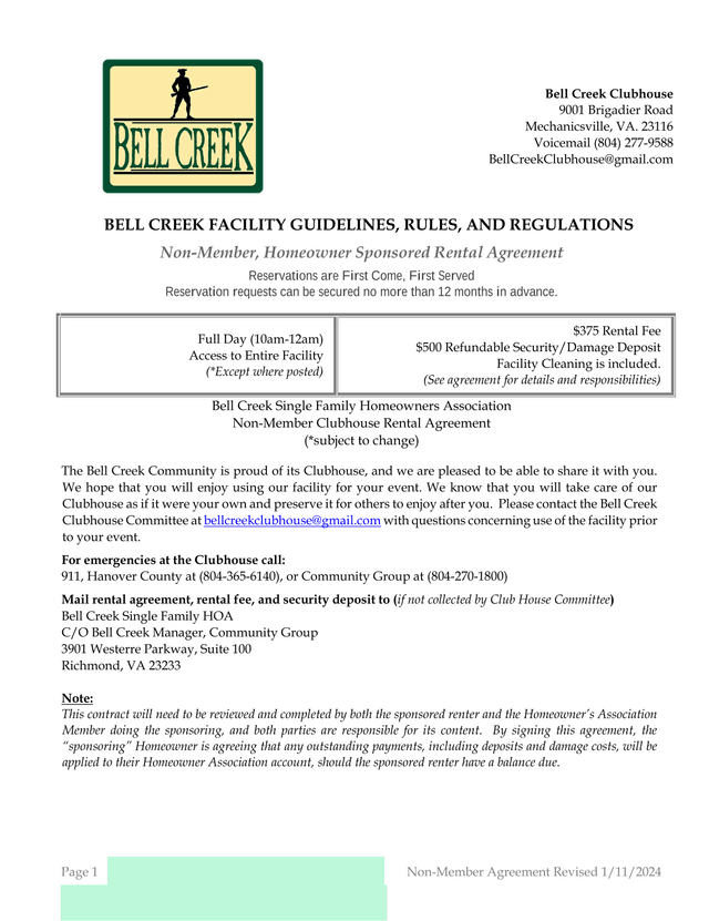 Bell Creek Facility Guidelines, Rules, And Regulations screenshot