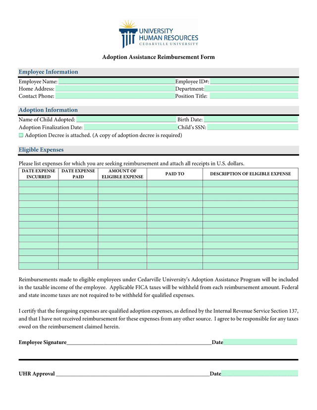 Adoption Assistance Reimbursement Form screenshot