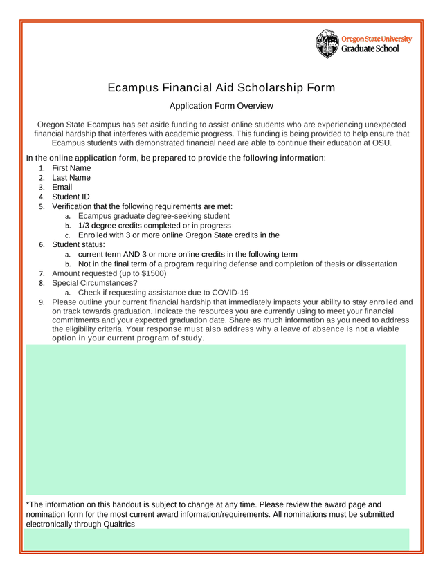 Ecampus Financial Aid Scholarship Form screenshot