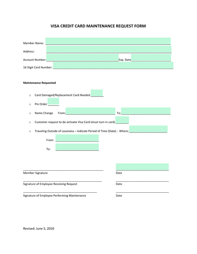 Visa Credit Card Maintenance Request Form screenshot