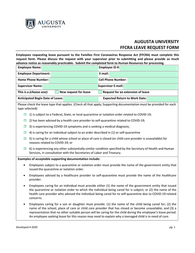 AUGUSTA UNIVERSITY FFCRA LEAVE REQUEST FORM screenshot