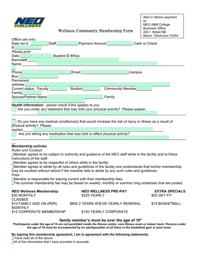 Wellness Community Membership Form screenshot