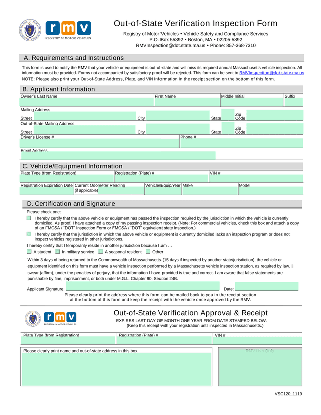 Out Of State Verification Inspection Form screenshot