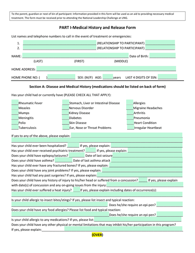 Part I Medical History And Release Form screenshot