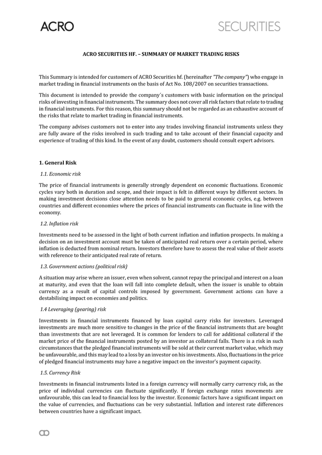 ACRO SECURITIES HF.  SUMMARY OF MARKET TRADING RISKS screenshot