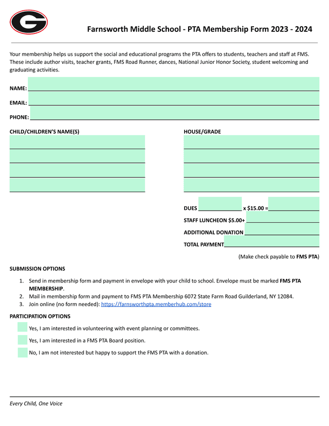 Farnsworth Middle School   PTA Membership Form 2023   2024 screenshot