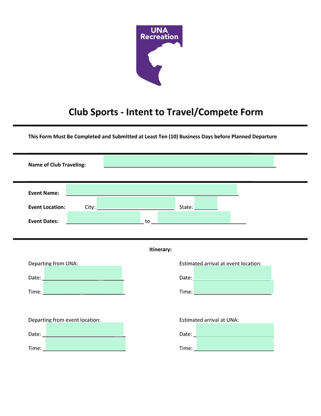 Club Sports   Intent To TravelCompete Form screenshot