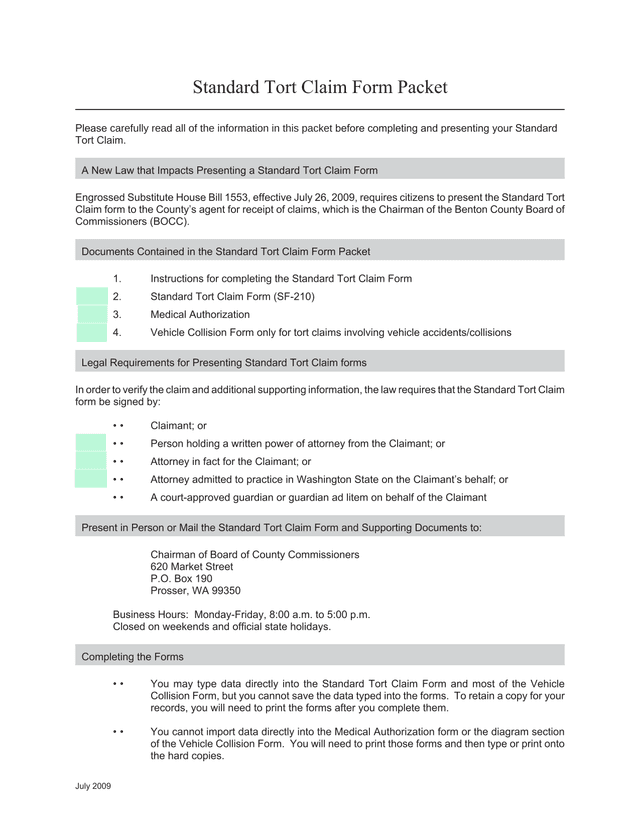 Standard Tort Claim Form Packet screenshot