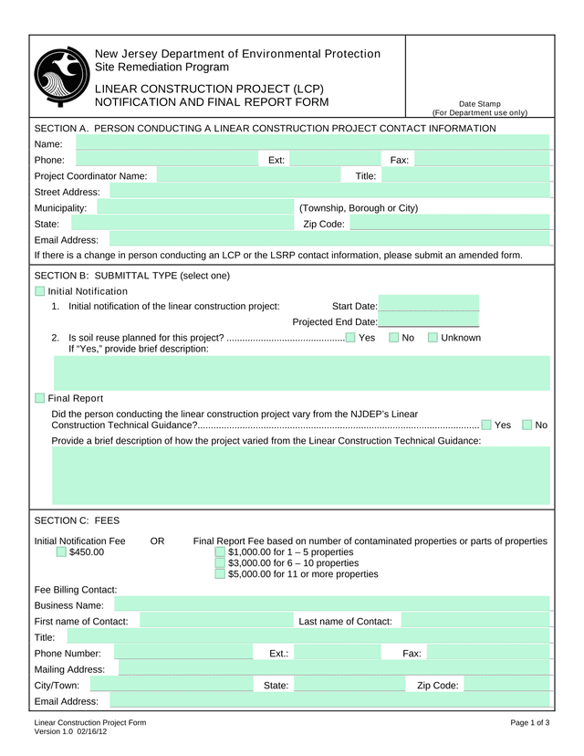 Linear Construction Project (LCP) Notification And Final Report Form screenshot