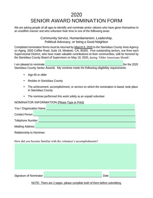 2020 Senior Award Nomination Form screenshot