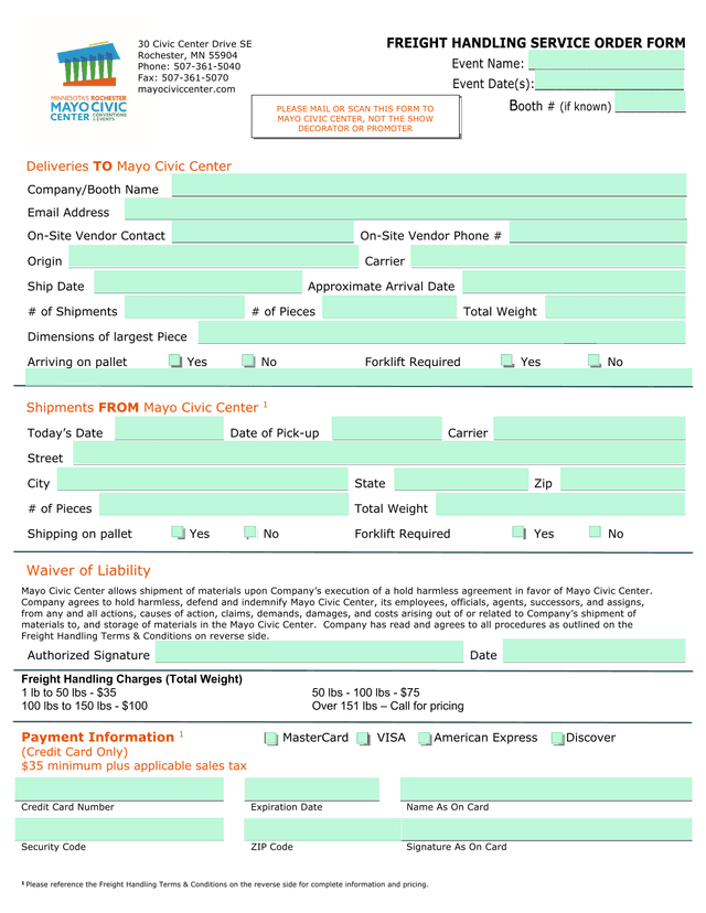 Freight Handling Service Order Form screenshot