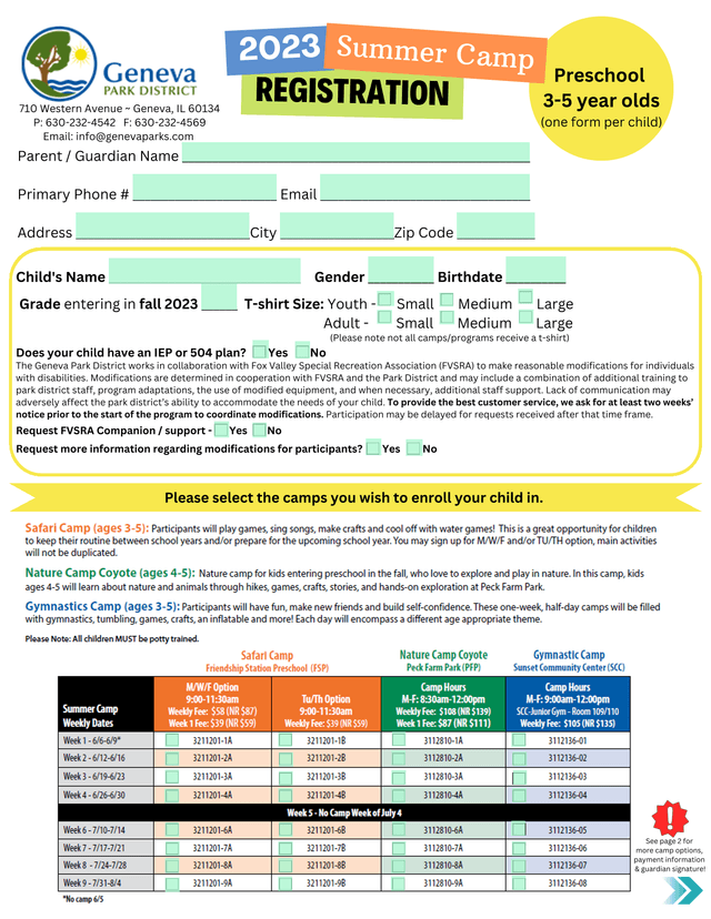 Geneva Park District Summer Camp Registration Form screenshot