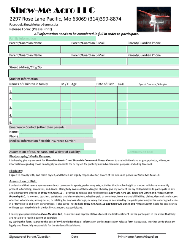 Show Me Acro LLC Release Form screenshot