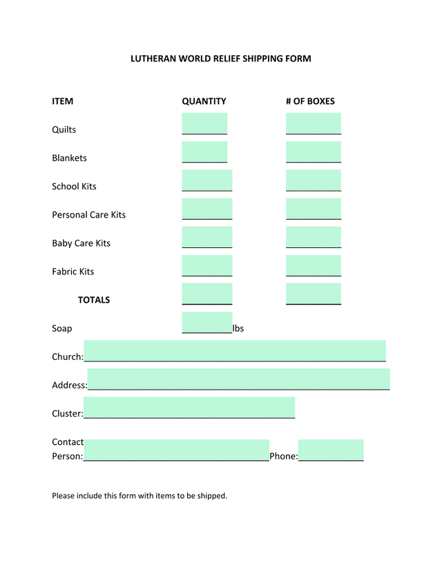 Lutheran World Relief Shipping Form screenshot