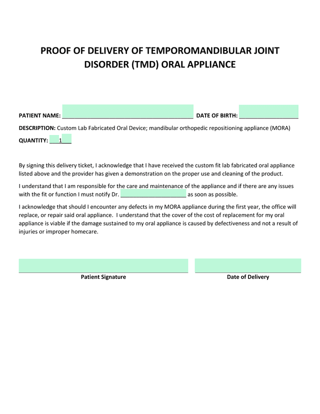 Proof Of Delivery Of Temporomandibular Joint Disorder (TMD) Oral Appliance screenshot