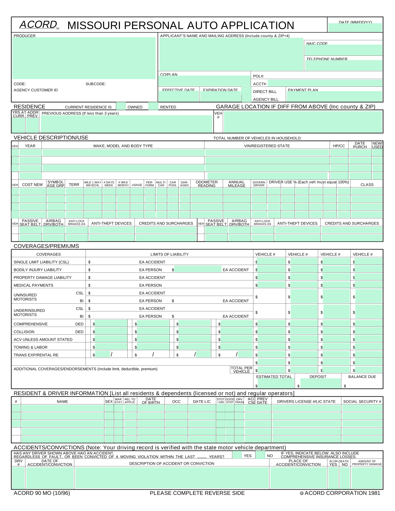 Missouri Personal Auto Application (ACORD 90 MO) screenshot