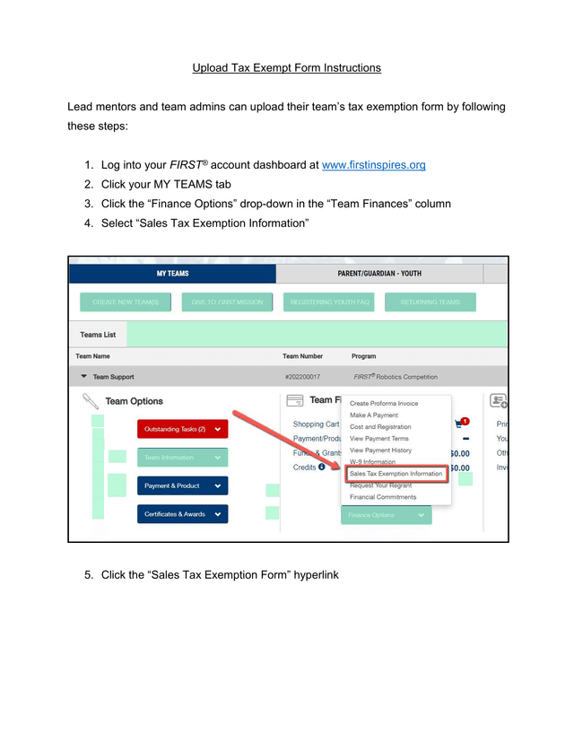 Upload Tax Exempt Form Instructions screenshot