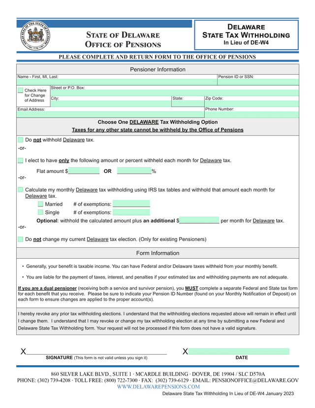 Delaware State Tax Withholding Form screenshot