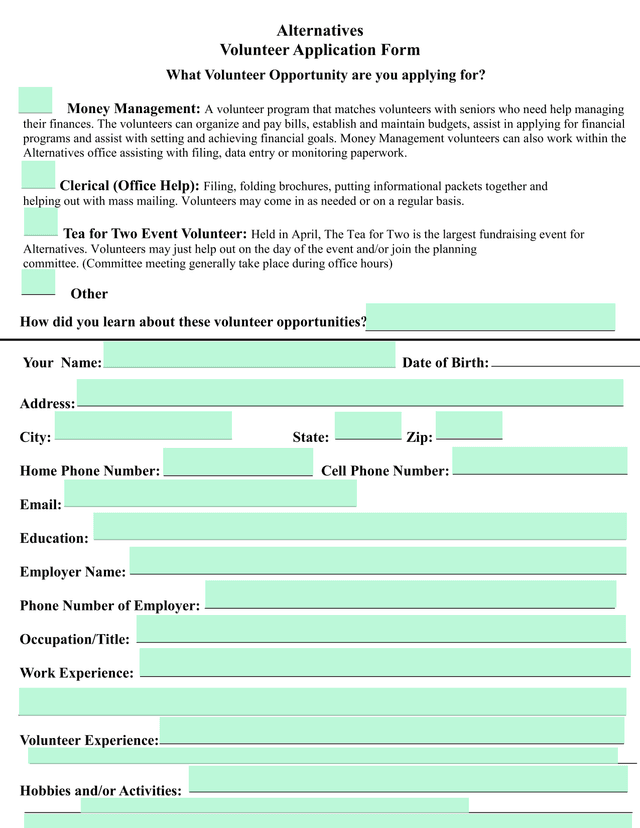 Alternatives Volunteer Application Form screenshot